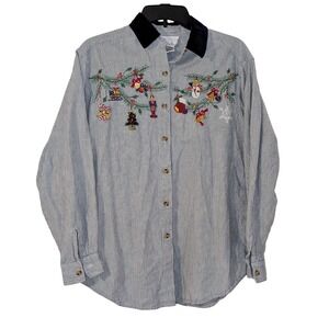 Casey & Max Vintage M Blue Pinstripe Christmas Nutcracker Velvet Collar Shirt